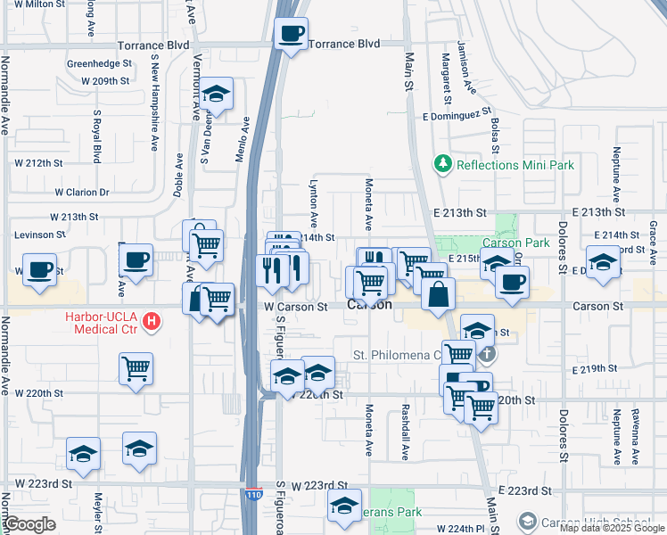 map of restaurants, bars, coffee shops, grocery stores, and more near 401 West Carson Street in Carson