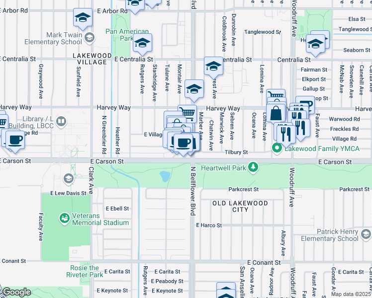 map of restaurants, bars, coffee shops, grocery stores, and more near 4146 North Viking Way in Long Beach