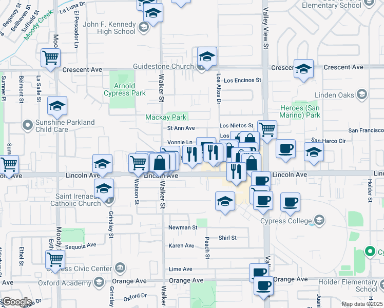 map of restaurants, bars, coffee shops, grocery stores, and more near 5631 Danny Avenue in Cypress