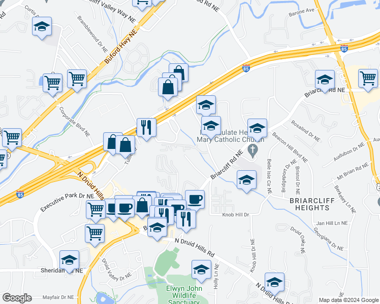 map of restaurants, bars, coffee shops, grocery stores, and more near 2004 Westchester Ridge Northeast in Atlanta