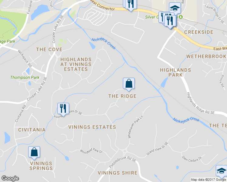 map of restaurants, bars, coffee shops, grocery stores, and more near 475 Vinings Estates Drive Southeast in Mableton