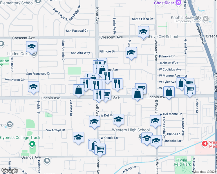 map of restaurants, bars, coffee shops, grocery stores, and more near 8998 Knott Avenue in Buena Park