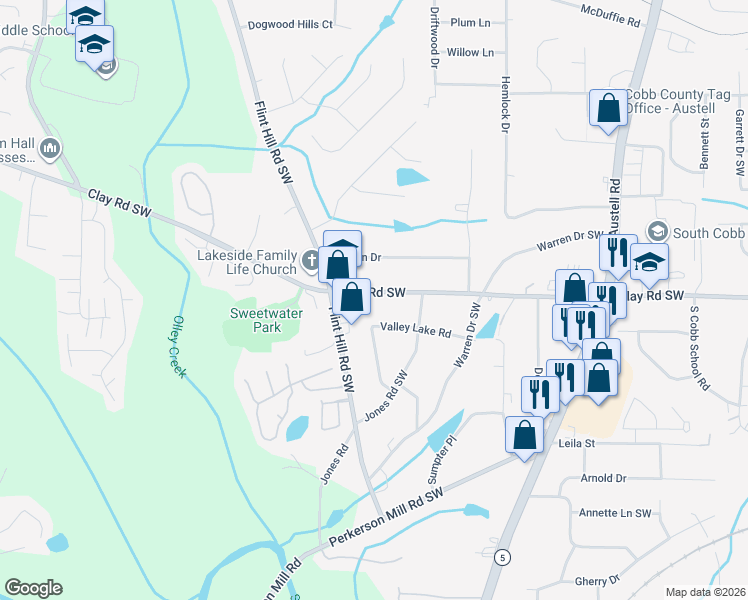map of restaurants, bars, coffee shops, grocery stores, and more near 2325 Clay Road Southwest in Austell