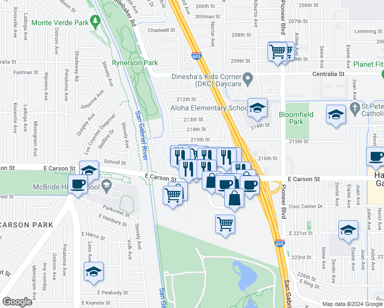 map of restaurants, bars, coffee shops, grocery stores, and more near 11448 216th Street in Lakewood