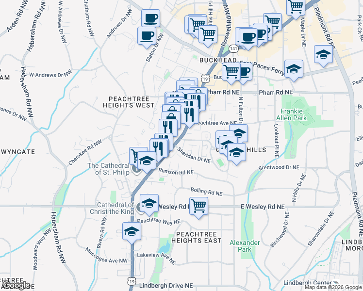 map of restaurants, bars, coffee shops, grocery stores, and more near 2881 Peachtree Road Northeast in Atlanta