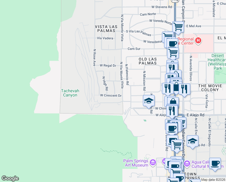 map of restaurants, bars, coffee shops, grocery stores, and more near 677 North Dry Falls Road in Palm Springs