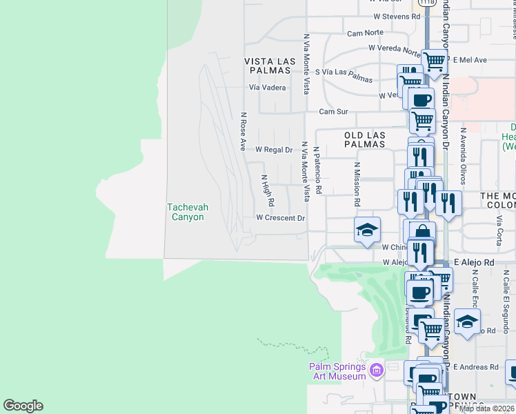 map of restaurants, bars, coffee shops, grocery stores, and more near 670 North Rose Avenue in Palm Springs