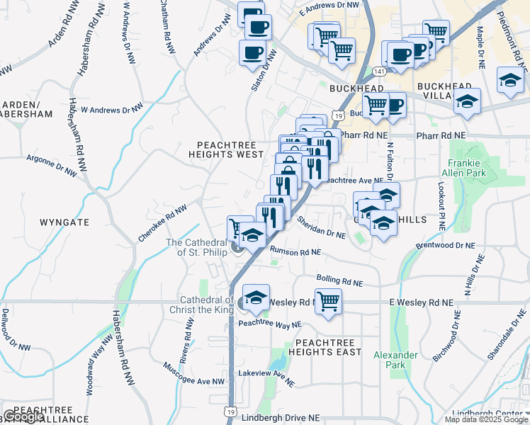 map of restaurants, bars, coffee shops, grocery stores, and more near 2828 Peachtree Road Northwest in Atlanta
