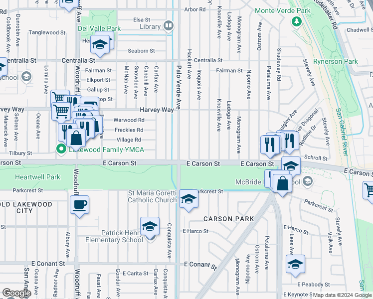 map of restaurants, bars, coffee shops, grocery stores, and more near 4129 Hackett Avenue in Lakewood