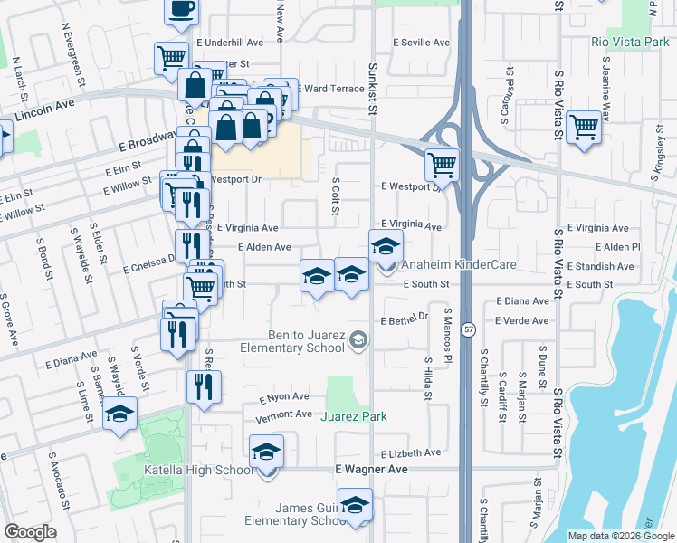 map of restaurants, bars, coffee shops, grocery stores, and more near 2418 East Standish Avenue in Anaheim
