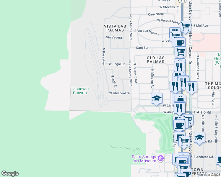 map of restaurants, bars, coffee shops, grocery stores, and more near 670 North Rose Avenue in Palm Springs