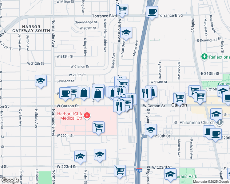 map of restaurants, bars, coffee shops, grocery stores, and more near 20710 Raymond Avenue in Torrance
