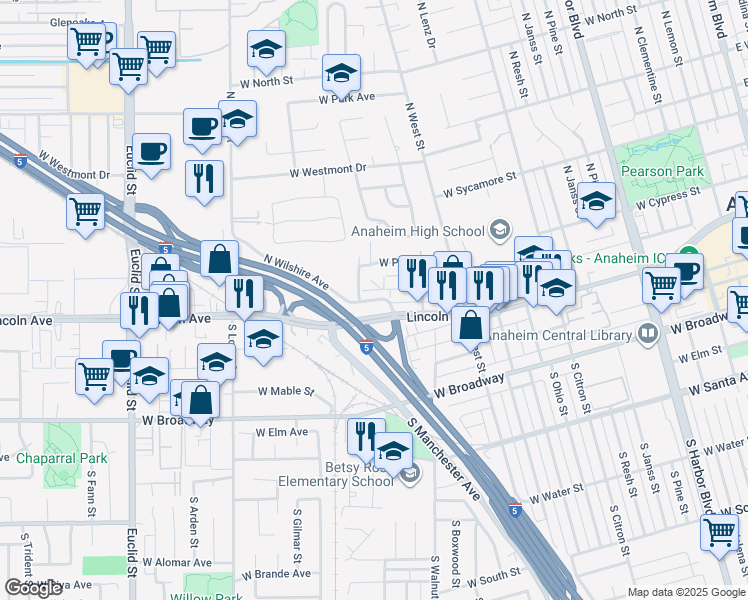 map of restaurants, bars, coffee shops, grocery stores, and more near 278 North Wilshire Avenue in Anaheim