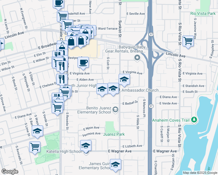 map of restaurants, bars, coffee shops, grocery stores, and more near 2418 East Standish Avenue in Anaheim