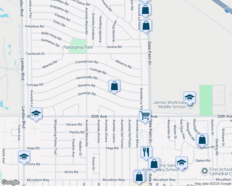 map of restaurants, bars, coffee shops, grocery stores, and more near 68735 Risueno Road in Cathedral City