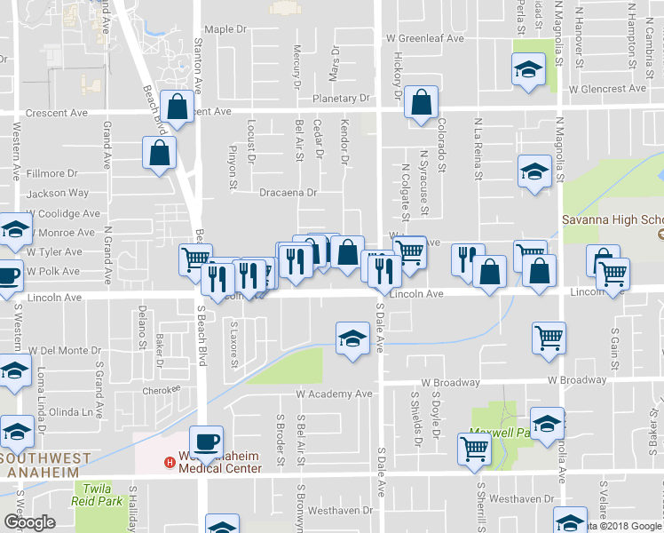 map of restaurants, bars, coffee shops, grocery stores, and more near 2849 West Polk Avenue in Anaheim