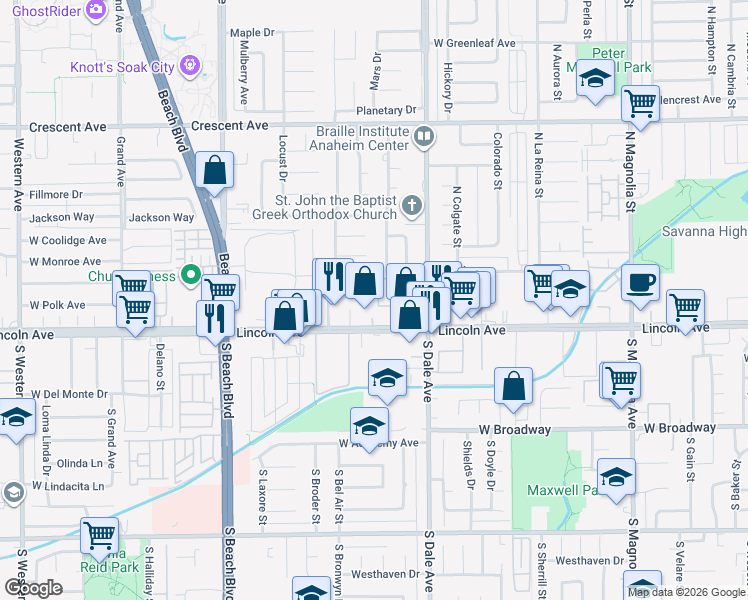 map of restaurants, bars, coffee shops, grocery stores, and more near 2849 West Polk Avenue in Anaheim