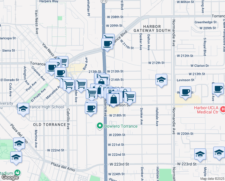 map of restaurants, bars, coffee shops, grocery stores, and more near 1642 West 215th Street in Torrance