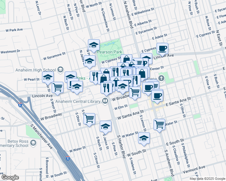 map of restaurants, bars, coffee shops, grocery stores, and more near 435 West Center Street Promenade in Anaheim