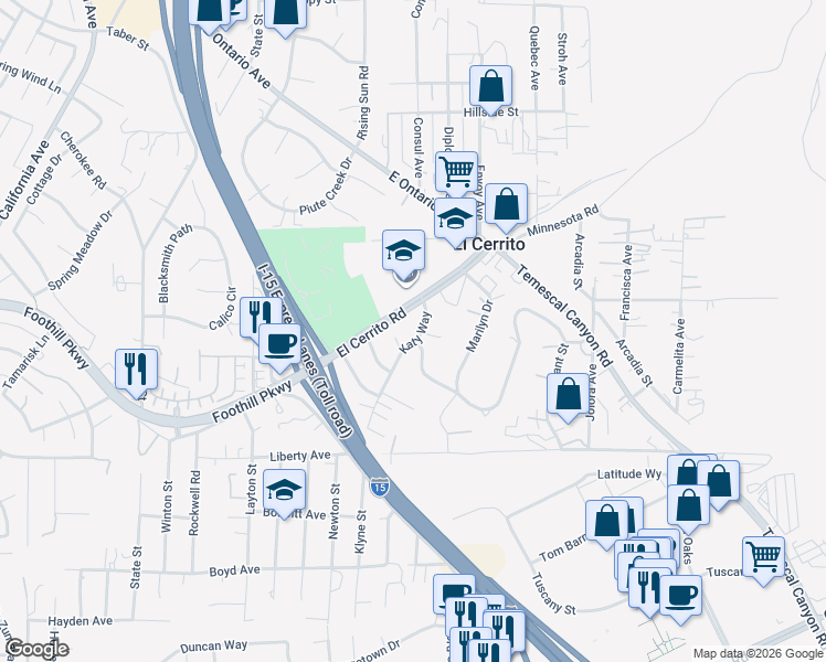 map of restaurants, bars, coffee shops, grocery stores, and more near 19787 Katy Way in Corona