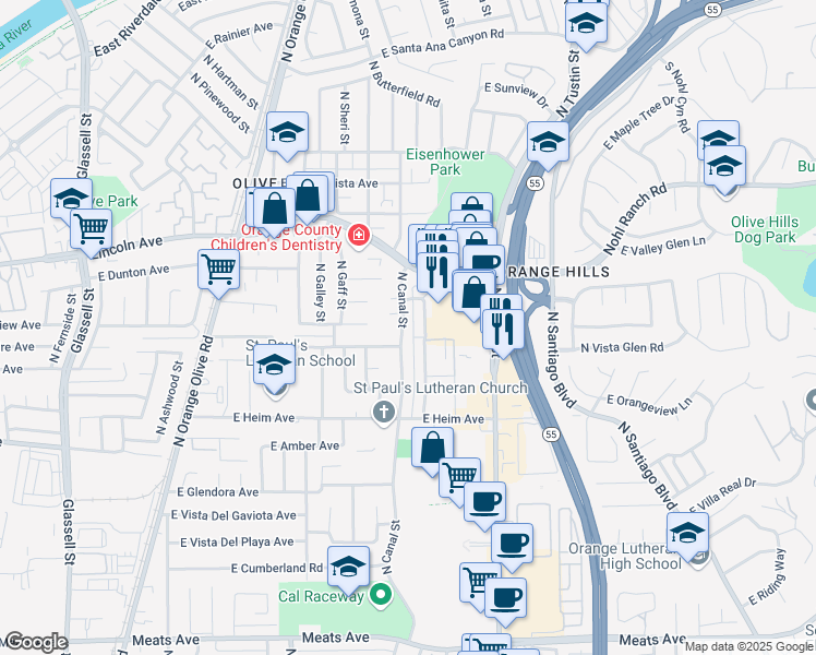 map of restaurants, bars, coffee shops, grocery stores, and more near 2621 North Canal Street in Orange