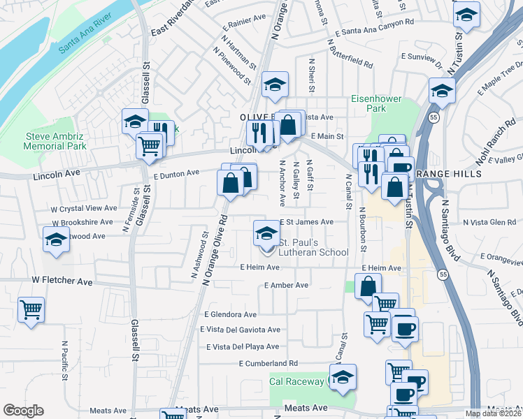 map of restaurants, bars, coffee shops, grocery stores, and more near 840 East Saint James Avenue in Orange
