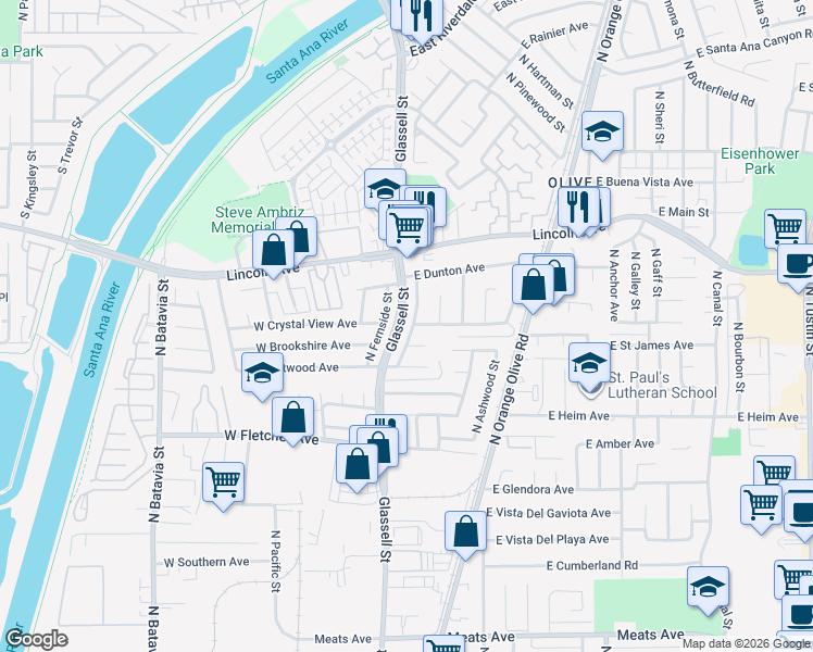 map of restaurants, bars, coffee shops, grocery stores, and more near 204 East Brookshire Avenue in Orange