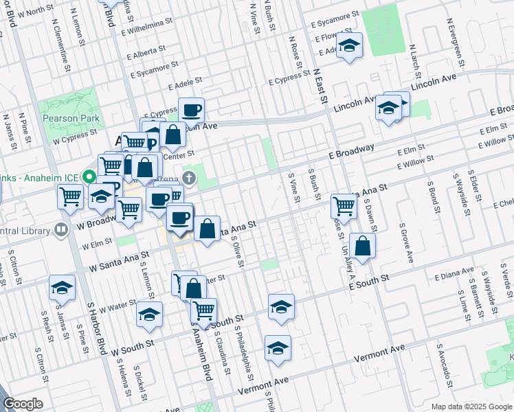 map of restaurants, bars, coffee shops, grocery stores, and more near 428 South Melrose Street in Anaheim