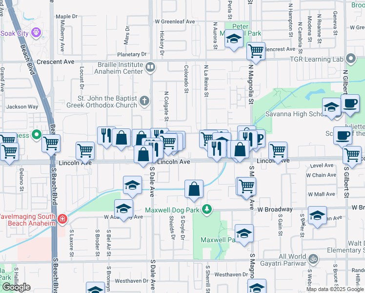 map of restaurants, bars, coffee shops, grocery stores, and more near 2743 West Lincoln Avenue in Anaheim