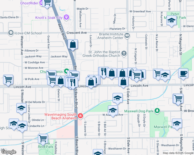 map of restaurants, bars, coffee shops, grocery stores, and more near 100 North Ridgeway Street in Anaheim