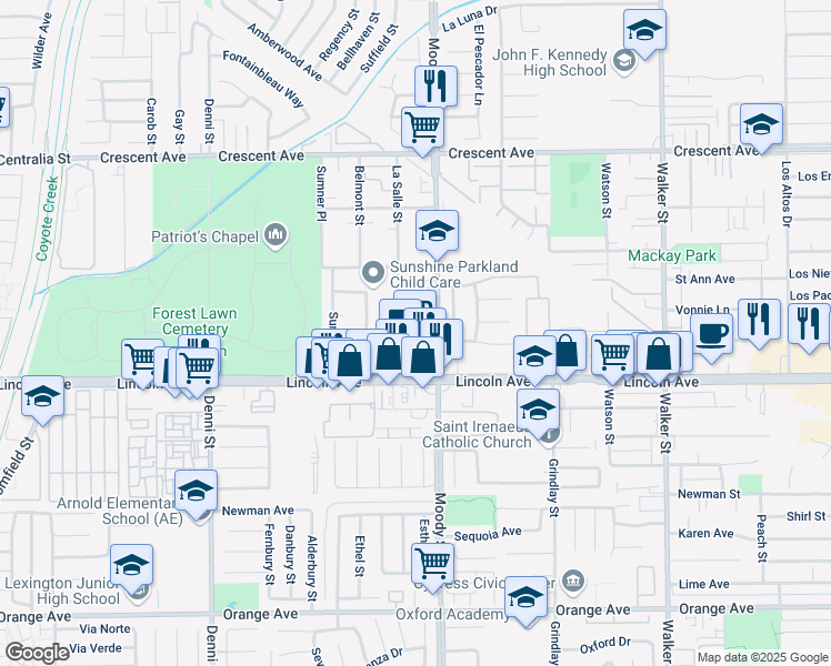 map of restaurants, bars, coffee shops, grocery stores, and more near 4911 Lincoln Avenue in Cypress