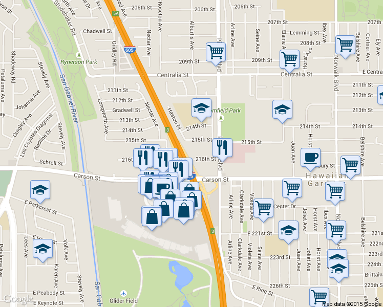 map of restaurants, bars, coffee shops, grocery stores, and more near 11708 216th Street in Lakewood