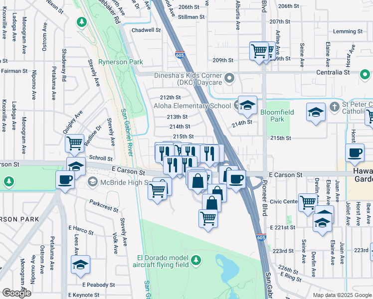 map of restaurants, bars, coffee shops, grocery stores, and more near 11448 216th Street in Lakewood