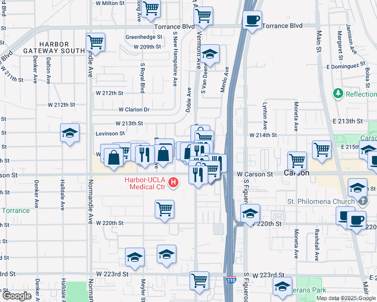 map of restaurants, bars, coffee shops, grocery stores, and more near 941 West Carson Street in Torrance