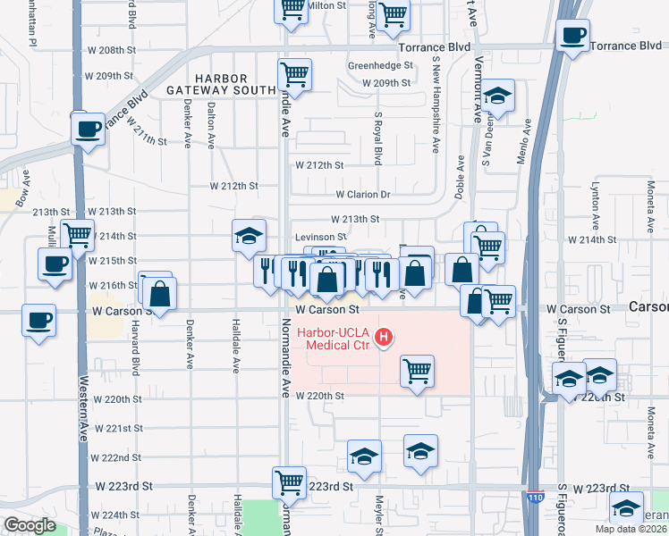 map of restaurants, bars, coffee shops, grocery stores, and more near 1250 West Ritner Street in Torrance