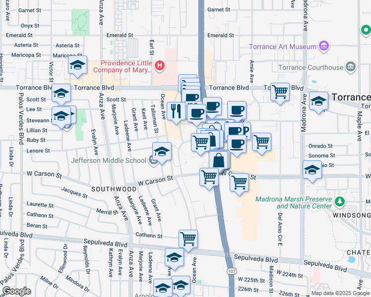 map of restaurants, bars, coffee shops, grocery stores, and more near 21515 Hawthorne Boulevard in Torrance