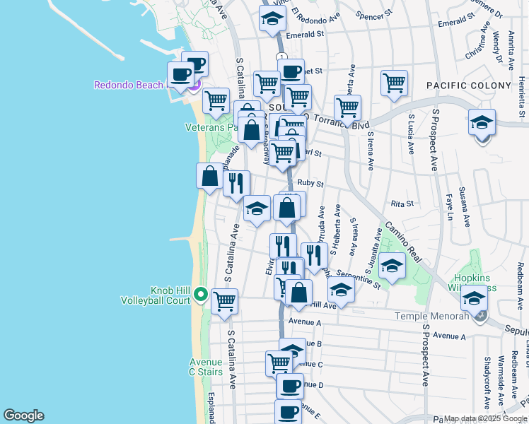 map of restaurants, bars, coffee shops, grocery stores, and more near 602 South Elvira Avenue in Redondo Beach