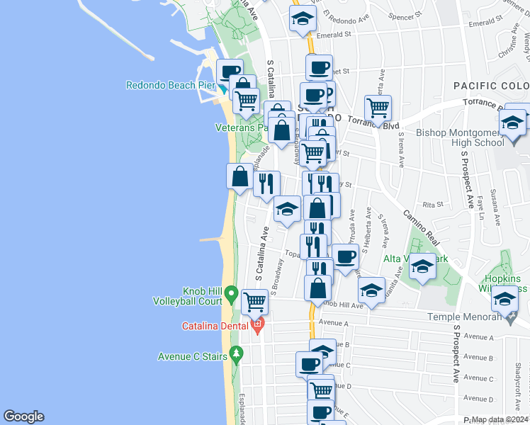 map of restaurants, bars, coffee shops, grocery stores, and more near 616 Esplanade in Redondo Beach