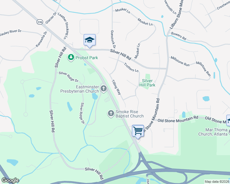 map of restaurants, bars, coffee shops, grocery stores, and more near 1751 Tilling Way in Stone Mountain