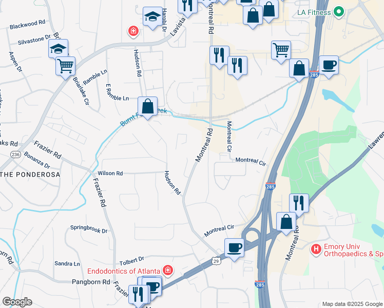 map of restaurants, bars, coffee shops, grocery stores, and more near 1693 Montreal Road in Tucker