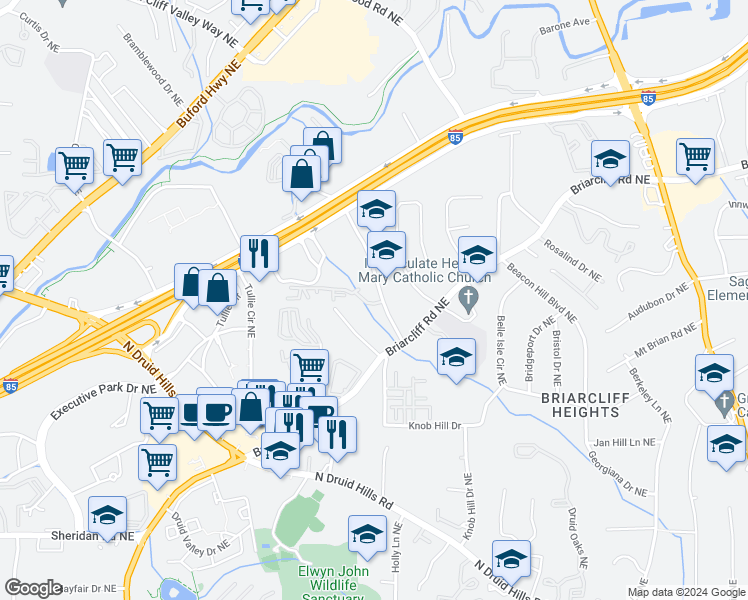 map of restaurants, bars, coffee shops, grocery stores, and more near 2004 Westchester Ridge Northeast in Atlanta