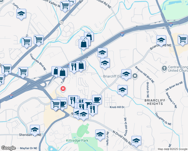 map of restaurants, bars, coffee shops, grocery stores, and more near 1740 Childerlee Lane Northeast in Atlanta
