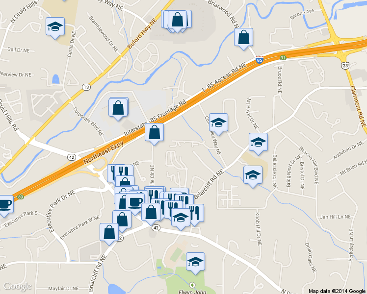 map of restaurants, bars, coffee shops, grocery stores, and more near 4108 Westchester Ridge Northeast in Atlanta