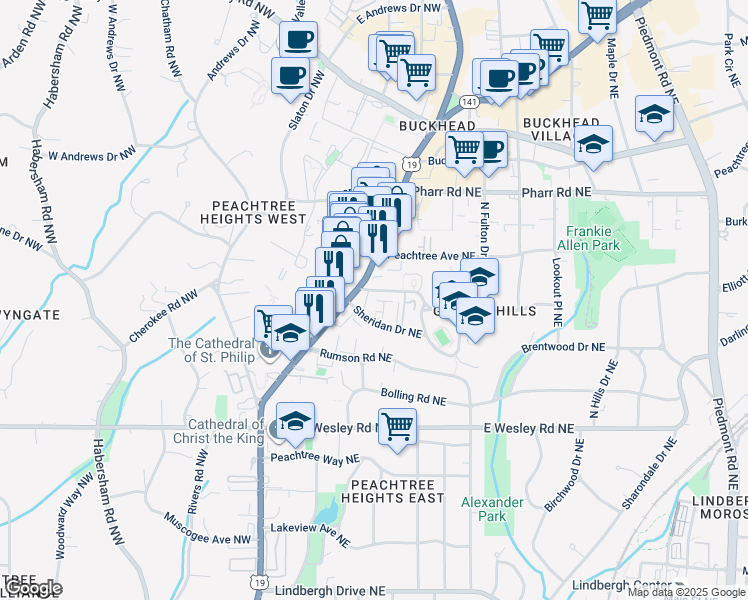 map of restaurants, bars, coffee shops, grocery stores, and more near 58 Sheridan Drive Northeast in Atlanta