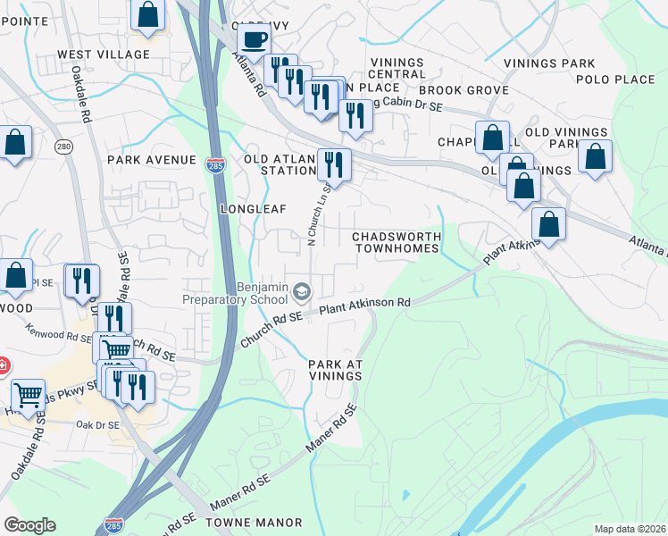 map of restaurants, bars, coffee shops, grocery stores, and more near 5087 Leeshire Trail Southeast in Atlanta