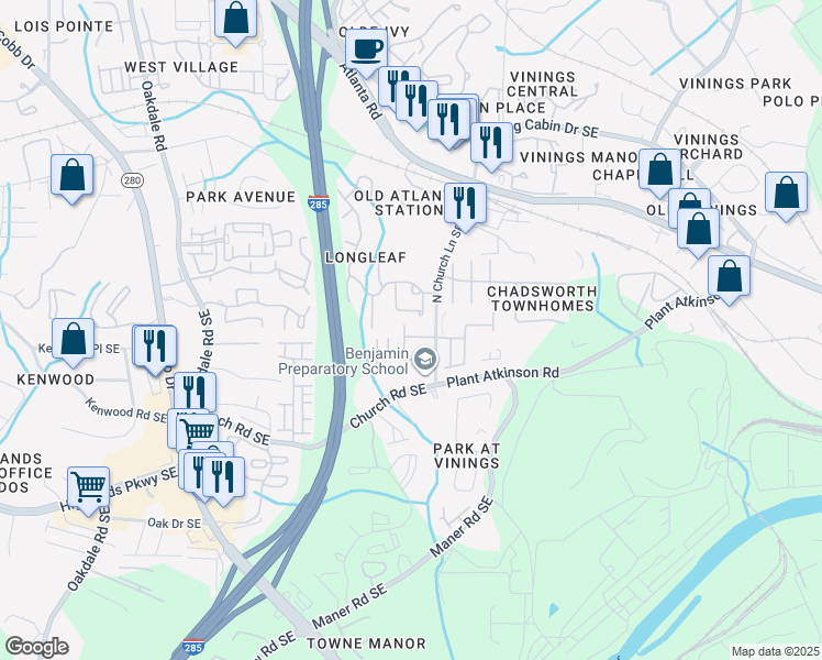 map of restaurants, bars, coffee shops, grocery stores, and more near 5108 Kempsford Court in Smyrna
