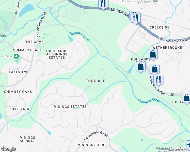 map of restaurants, bars, coffee shops, grocery stores, and more near 458 Vinings Estates Drive Southeast in Mableton