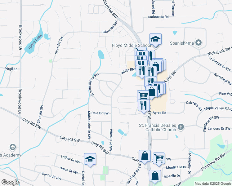 map of restaurants, bars, coffee shops, grocery stores, and more near 4949 White Boulevard Southwest in Mableton