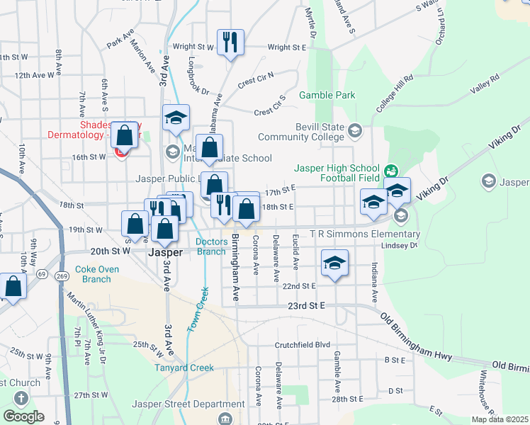 map of restaurants, bars, coffee shops, grocery stores, and more near 204 19th St E in Jasper