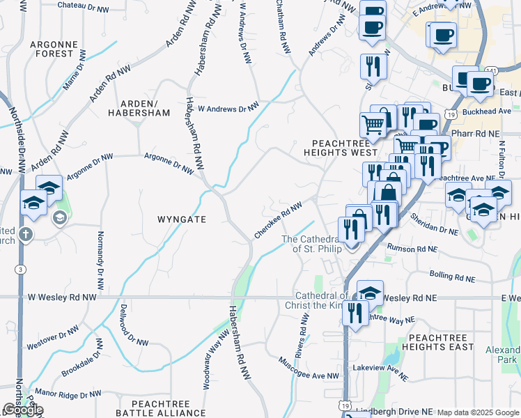 map of restaurants, bars, coffee shops, grocery stores, and more near 15 Cherokee Road Northwest in Atlanta